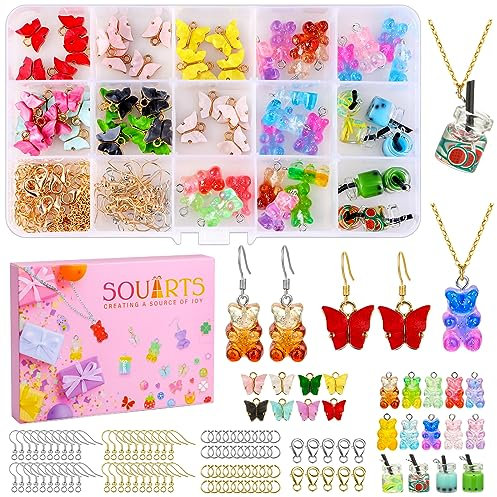 Souarts Charms Schmetterling Bär Anhänger Set für Ohrringe Armband Halskette Schlüsselanhänger, Schmuck Selber Machen Set mit Aufbewahrungsbox (Bunt 68er)