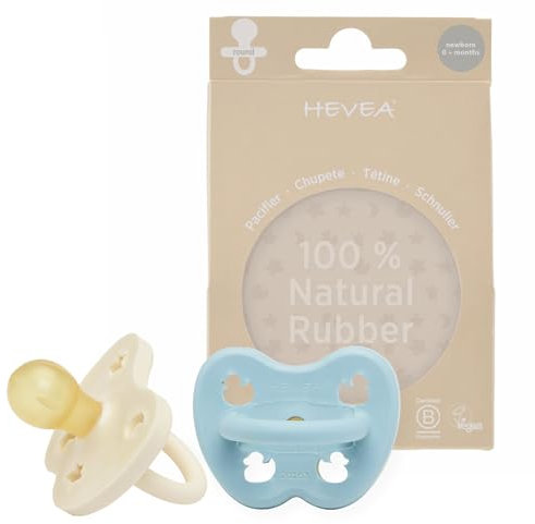 HEVEA Naturkautschuk Schnuller RUND Form, Neugeborene 0+ Monate - Hygienisches Einteiliges Design für Neugeborene bis Kleinkinder, BPA-frei, Weich & Langlebig - Zweierpack (Hellblau & Milchweiß)