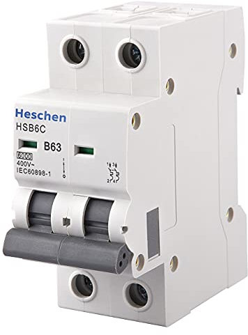 Heschen Leitungsschutzschalter HSB6C, 63 Ampere Strom, 2-polig, Typ B, 6 kA Ausschaltleistung, DIN-Schienenmontage