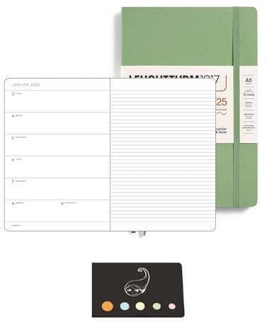 Terminplaner 2022, Französisch, A5, 1 Woche auf einer Seite mit Noten + Blumie Index (Salbei)