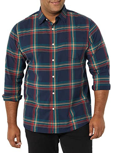 Amazon Essentials Men's Long-Sleeved Slim-Fit Stretch Poplin Shirt, Navy Red Teal Blue Plaid, XS