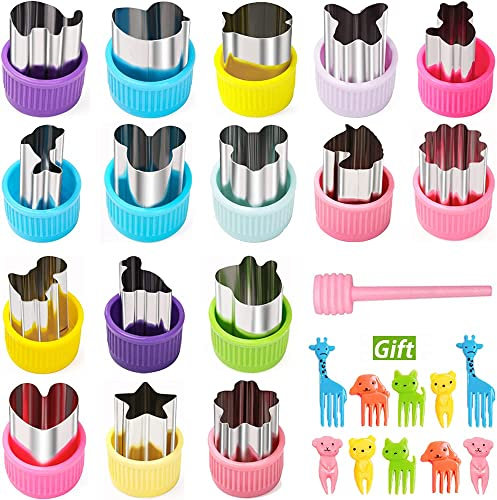 16 Pieces Fruit Shape Cutters Vegetable Cutter Set Mini Animal Cookie Cutters Fruit Stamps Mold 10 PCS Cute Cartoon Animals Food Picks and Forks