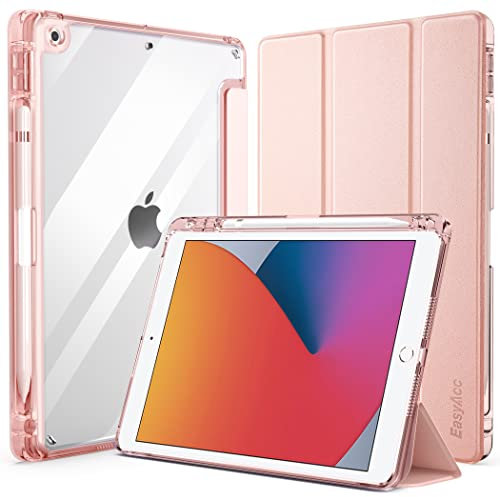 EasyAcc Hülle für iPad 9 8 7 Generation mit Stifthalter 10,2 Zoll Modell 2021/2020/2019 Stoßfeste Schutzhülle mit Transparenter Hartschale auf der Rückseite, Auto Schlafen Wachen Roségold