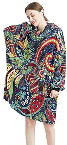 Vintage Ethnic Paisley Boho Floral Print Wearable Blanket Hoodie, Oversized Hooded for Women,Comfy Sweatshirt, mehrfarbig, One size