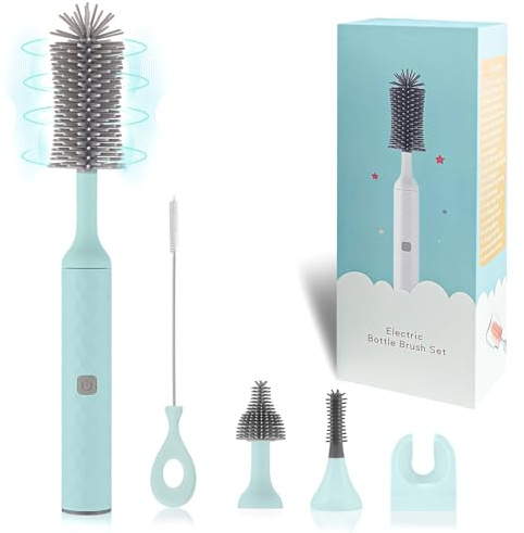 WHNL Electric Bottle Brush, 4 Piece Bottle Brush Set with Baby Bottle Brush Cleaner, Brush, Pacifier Cleaner, Straw Cleaner Brush, Gifts for Newborns and Mothers, Blue
