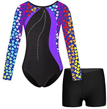 iEFiEL Mädchen Turnanzug Langarm Gymnastik Trikotanzug Glänzende Turnen Set Klassisch Gymnastikanzug Kinder Tanzbody Xa Blau mit Shorts 146-152
