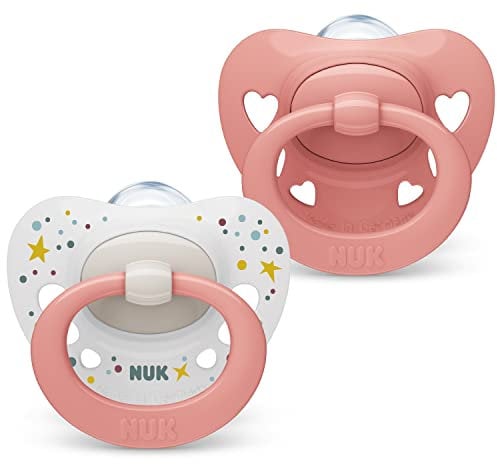 NUK Signature Babyschnuller | 0−6 Monate | Beruhigt 95 % der Babys | BPA-freie Silikonschnuller in Herzform | Mit Etui | Rosa Herzen | 2 Stück