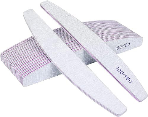 12 Pcs Professional Nail Files 100/180 Grit Double Sided Half Moon Washable Nail Files Emery Board Nail Shaping Manicure Tools - Professional Salon & Home Use