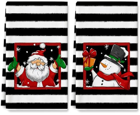AnyDesign Geschirrtuch mit Weihnachtsmotiv, 45,7 x 71,1 cm, schwarz-weiß gestreift, niedliches Geschirrtuch, Weihnachtsmann, Schneemann, Handtrocknen, Geschirrtuch zum Kochen, Backen, Reinigen,