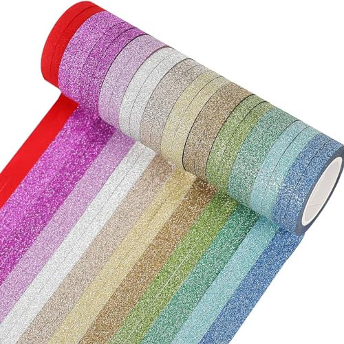 lyroiphic Dünnes Glitter Washi Tape - 24 Rollen 5mm farbiges Regenbogen Washi Masking Tape Set, dünnes Dekoband für Bullet Journal, DIY Basteln, Planer, Scrapbook, Geschenkverpackungen