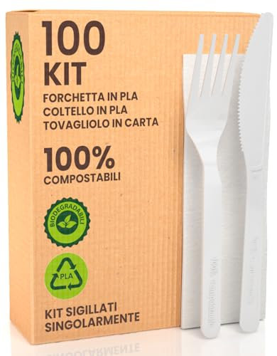 Set Ecologico Posate in Bioplastica Super Resistente [100 pezzi] - Compostabili e Biodegradabili - Forchetta Coltello e Tovagliolo - Ideali per Eventi e Feste