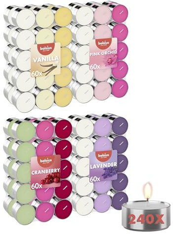 Bolsius - Lot de 240 bougies chauffe-plat parfumées multicolores - Plusieurs parfums - 12 couleurs - Longue durée de combustion 6 heures - Bougies décoratives - Cire - 8 paquets de 30 bougies