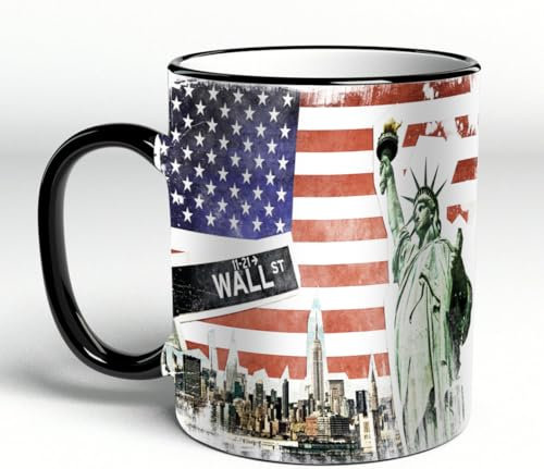 YOIUE Tasse aus Keramik - Große 11oz Tassen 330ml Kaffeetassen mit Henkel, 100% Handbemalt - Trinkgläser mit Griff - Weiß,New York City Vintage Collage mit US-Flagge im Hintergrund