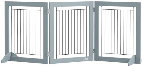 PawHut Freestanding Dog Cate, Foldable Wooden Pet Gate with - 61cm Tall, for Stairways, Doorways, Hallways, Small Dogs - Grey