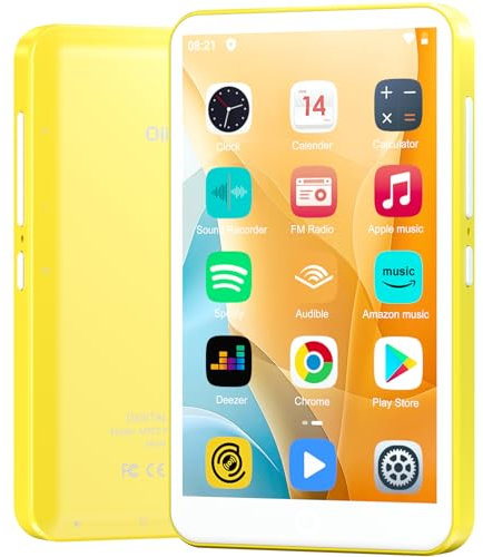 80GB MP3 Player with Bluetooth and WiFi, Android Player with Speaker Mp3 & Mp4 Music Player with Spotify, Amazon Music, Browser, Deezer, 4.0 Touch Screen, Download Music,Up to 512GB (Yellow)