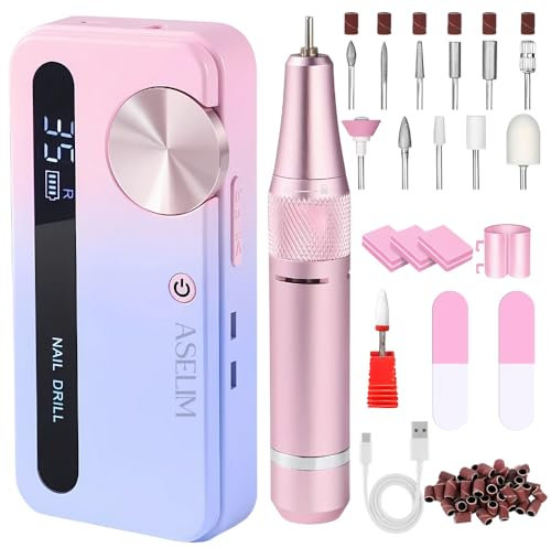 Aselim Levigatrice per unghie professionale a basso rumore: 35000 RPM Lima per unghie elettrica ricaricabile, 12 in 1 Levigatrice per unghie acrilico/gel, macchina per macinatura pedicure portatile