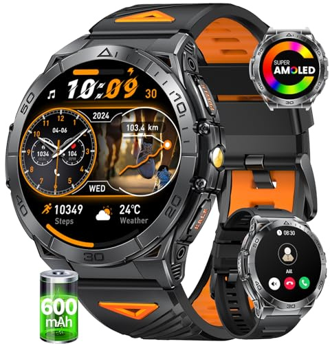 SUNKTA Smartwatch Herren mit 600 mAh Akku/1.6'' AMOLED großes Display Smartwatch Herren mit 120 Sportmodi, 24/7 Herzfrequenz/Schrittzähler, IP68 wasserdicht für Android、iOS