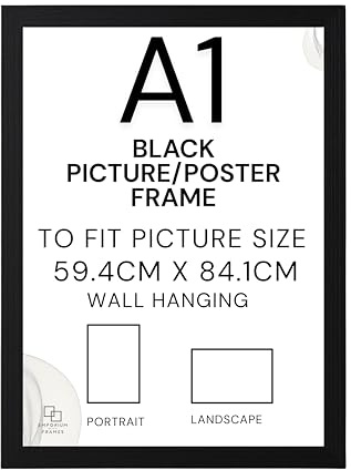A1 Frame, A1 Picture Frame Black Poster Wood with Hooks, 59.4 x 84.1 cm | Clear Acrylic Glass Front, Sturdy Black Wooden Frame, MDF Backing and Hooks for Easy Portrait or Landscape Wall Display.