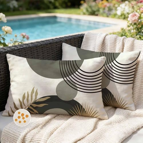 Jayusaror Outdoor Kissenbezug 30x50 Wetterfest Grau Sofakissen Kissenhülle Boho Modern Minimalistisch Geometrische Tropische Blätter Sommer Kissen Kissenbezüge für Sofa Garten Deko 2er Set