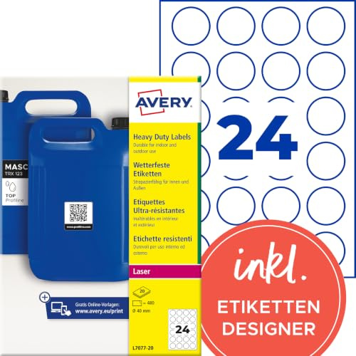 AVERY Zweckform L7077-20 Wetterfeste Etiketten, wasserfest, Ø 40 mm, weiß | 480 runde QR-Code Aufkleber, Folienetiketten, Outdoor Klebefolie, selbstklebend, reißfest, Laser-Drucker, 20 Blatt, weiß