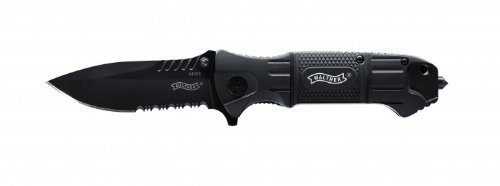 Walther Black Tac Knife TK Einhandmesser mit mattschwarzer Klinge und partiellen Wellenschliff inkl. 440ssGlasbrecher