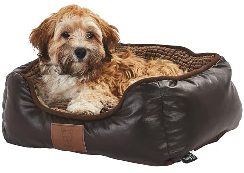 Bunty Tuscan Small Dog Bed - Leather Look Pet Bed, Chew Resistant, Soft Fleece Interior, High Density Filling, Firm Insulating Base - Made in the UK - Small