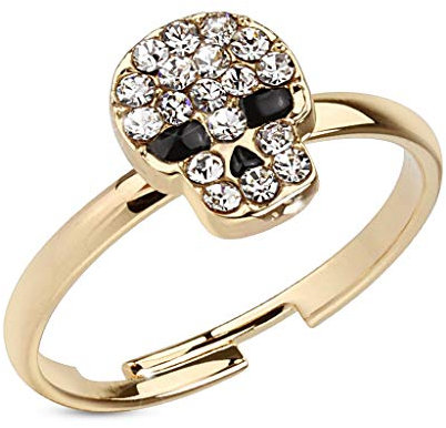Paula & Fritz® Ring Damen Verstellbar Totenkopf Zirkonia Klar-Schwarz Gold 316L Chirurgenstahl Zehenring Mittelring Partnerring Offen Einstellbarer-Ring