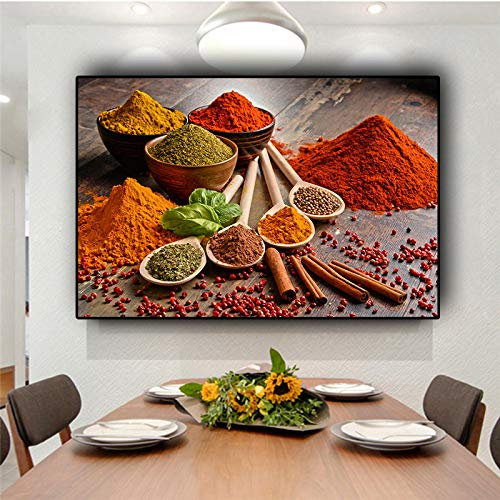 dsdsgog Bunte Körner Gewürze Löffel Küche Leinwand Malerei Skandinavische Poster und Druck Wandkunst Essen Bild Wohnzimmer Dekor 30x50cm Rahmenlos