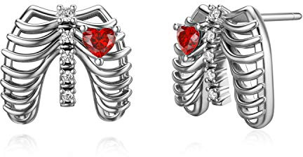 Gotisch schmuck Sterlingsilber Punk Rippe ​mit rotem Herzen Ohrstecker Skelett Herz Valentinstag Schmuck Geschenke für Fraue