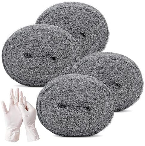 Steel Wool Mice with Work Gloves, Hardware Cloth - 0000 Coarse Wire Wool Gaps Blocker, Hole DIY Fill Fabric Kit Can Stop Rats, Insect, Pest (3m/Roll) x 4