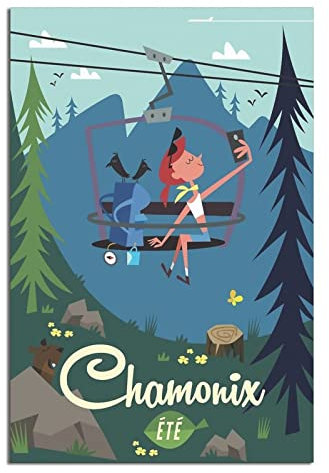 Chamonix Chairlift Girl Vintage Travel Poster Canvas Art Wall Decor Poster Picture Print Painting Poster Gift 30 x 45 cm