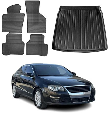 OMAC Fußmatten Kofferraumwanne für VW Passat 2005-10 Gummi 5-teilig Schwarz | Untere, inkl. Kofferraumwanne (Satz), Gummimatten, Automatten, Allwetter, Antirutsch, fahrzeugspezifisches Produkt