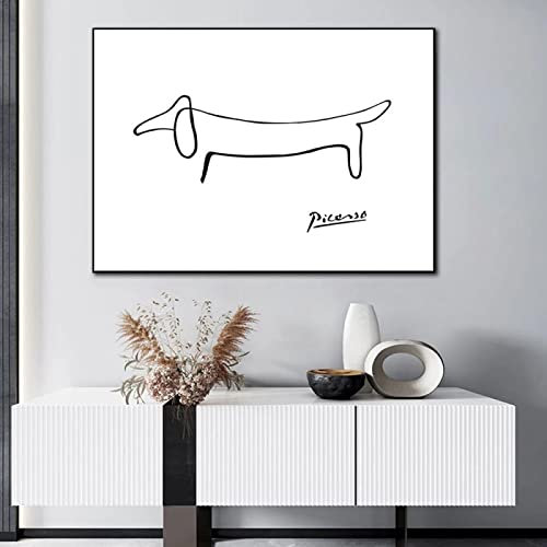 Picasso Abstrakte Linie Kunstdruck Dackel Hund Leinwand Poster Minimalistische Wandkunst Malerei Nordische Bilder Wohnzimmer Dekor 32x24inch/80x60cm mit schwarzem Rahmen