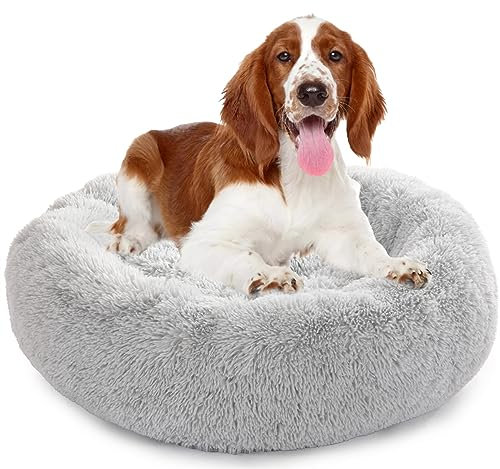 Enjamoy Hundebett Flauschig Donut Plüsch Katzenbett Hundekissen, Waschbar Rund Hundebetten für Kleine, Mittelgroße Hunde Katzen, Hellgrau 80cm