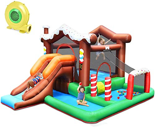 GOPLUS Aufblasbare Hüpfburg für Kinder, Hüpfburg mit Planschbecken, Rutsche, Kletterwand & Basketballkorb, Indoor & Outdoor, mit Netz & komplettem Zubehör, 390 × 335 × 220cm (Haus, Mit Gebläse)