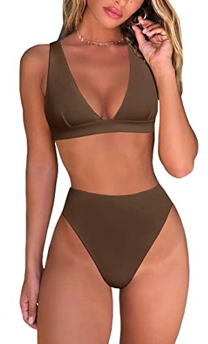 fatty tiger Maillot de bain 2 pièces sexy taille haute avec string et haut triangle brésilien et col en V profond pour femme, marron, Taille S