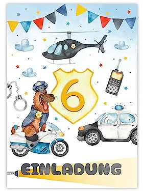 Minkocards 12 Einladungskarten zum 6. Kindergeburtstag Junge Polizei Detektiv Einladungen zum sechsten Geburtstag Kinder bunte Geburtstagseinladungen