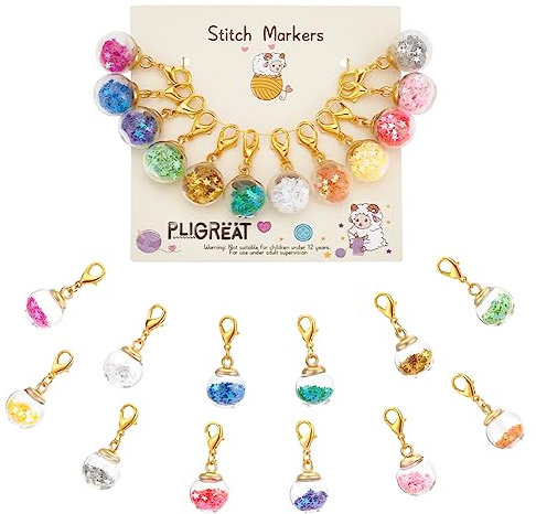 PLIGREAT 12 Stück bunte Sterne Glaskugel Charm Maschenmarkierer Häkelmaschenmarkierer mit Karabinerverschluss Stricken Verriegelungsmaschenmarkierer zum Weben Quilten DIY-Schmuckherstellungszubehör