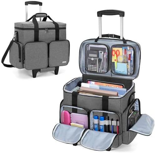 CURMIO Lehrertasche, Lehrer Arbeitstasche mit Rädern, Bis zu 15,6 Zoll Laptop, Trolley Aufbewahrungstasche für Lehrerbedarf, Werkzeuge, Bürobedarf, Kunsthandwerk, Grau
