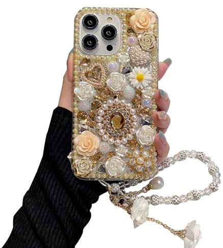 iFiLOVE for iPhone 15 Bling Diamond Case with Flower Strap (Champagne)