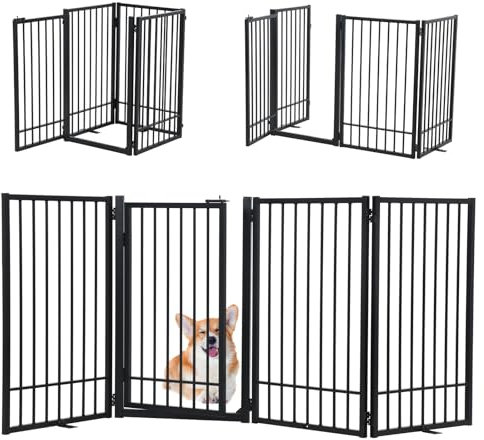SMONTER Free Standing Dog Gate with Door Walk Through, 204cm Extra Wide Indoor Dog Fence, 80cm Height 4 Panels Foldable Metal Pet Puppy Gate for Stairs, Hallways, Doorway