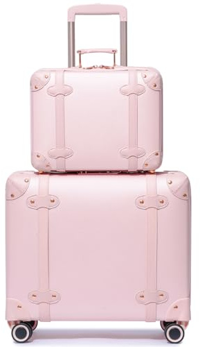 Miss.Box Vintage Handgepäck-Set mit Rollen für Damen, Retro-Kofferraum-Stil, PU-Leder, Koffer mit passendem Kosmetikkoffer, 35,6 cm und 45,7 cm Set, Blush Pink, 14inch &18inch