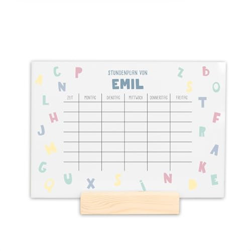 Stundenplan mit individuellem Motiv & Namen, abwischbar, Geschenk zur Einschulung - optionaler Holzaufsteller, DIN A4 mit Stift (Buchstaben weiß)