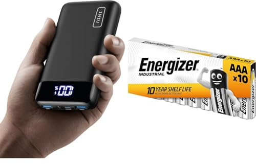 INIU Power Bank, 20000mAh Fast Charging Portable Charger, 22.5W Powerbank with USB C Input & Output & Energizer Industrial Alkaline AAA Battery LR03 1.5V - Pack of 10