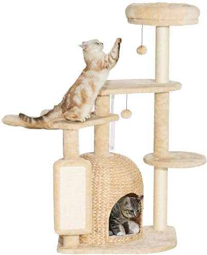 PawHut Kratzbaum 112 cm Katzenbaum mit Katzenhöhle, Bett, Spielbälle, Katzenkratzbaum mit Sisal-Kratzsäulen, für Katzen bis 5 kg, Beige