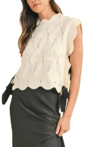Pull sans manches à nouer sur le côté pour femme, col montant, manches courtes, gilet tricoté Y2K avec fente latérale en crochet, blanc, M