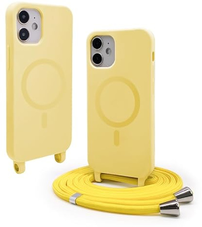 CUZZCASE Cover Compatible with iPhone 12 Mini (5.4 inches), Magnetic Cover [Compatible with MagSafe], Bumper with Strap, Adjustable Lanyard TPU Silicone Rope Case-Yellow