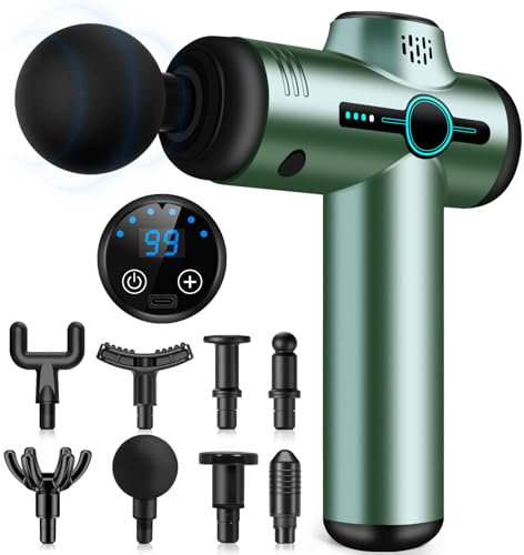 AQXONG Mini Pistolet de Massage Musculaire, Pistolet de Massage Ultra Silencieux, 99 Vitesses, 8 Têtes, l'Écran LCD, Masseurs Électriques Portables pour Soulager les Douleurs Musculaires