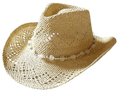 Women Western Style Straw Cowboy Hat Summer Coastal Shapeable Wide Brim Heart Beaded Cowgirl Hats for Beach Vacation (Ivory, ONE Size)