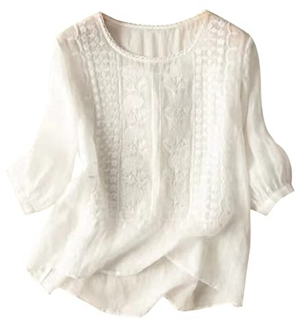 Angxiwan White Blouses for Women UK Linen Tops for Women UK Plus Size Short Sleeve Tunic Blouse Retro Jacquard T-Shirts Baggy Loose Fit Shirt Lightweight Flowy Dressy Tops